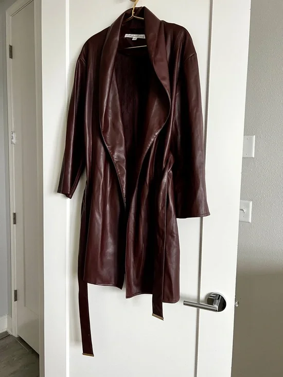 Kenneth Cole Vegan Leather Belted Trench Coat Brown Luxe Minimalist Jacket Sz L - Picture 7 of 15